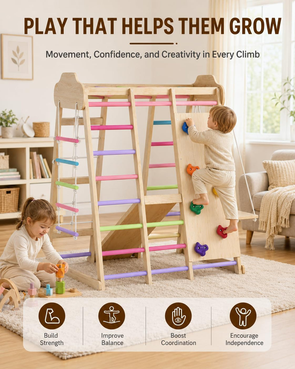 9-in-1 Indoor Playground for Toddlers, Montessori Wooden Jungle Gym Kids Climbing Indoor with Slide, Swing, Monkey