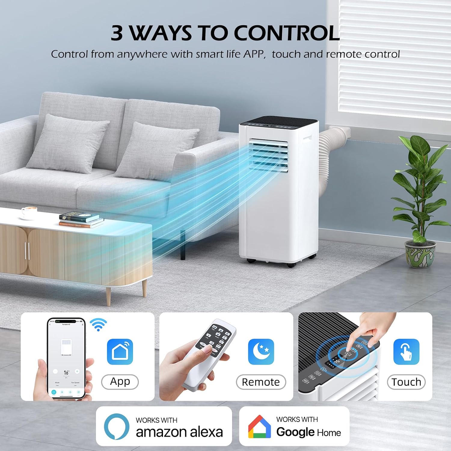 16000 BTU Portable Air Conditioners with WiFi APP | 5-in-1 Fast Cooling for 850 Sq.Ft, Dehumidifier, Fan, 24H Timer