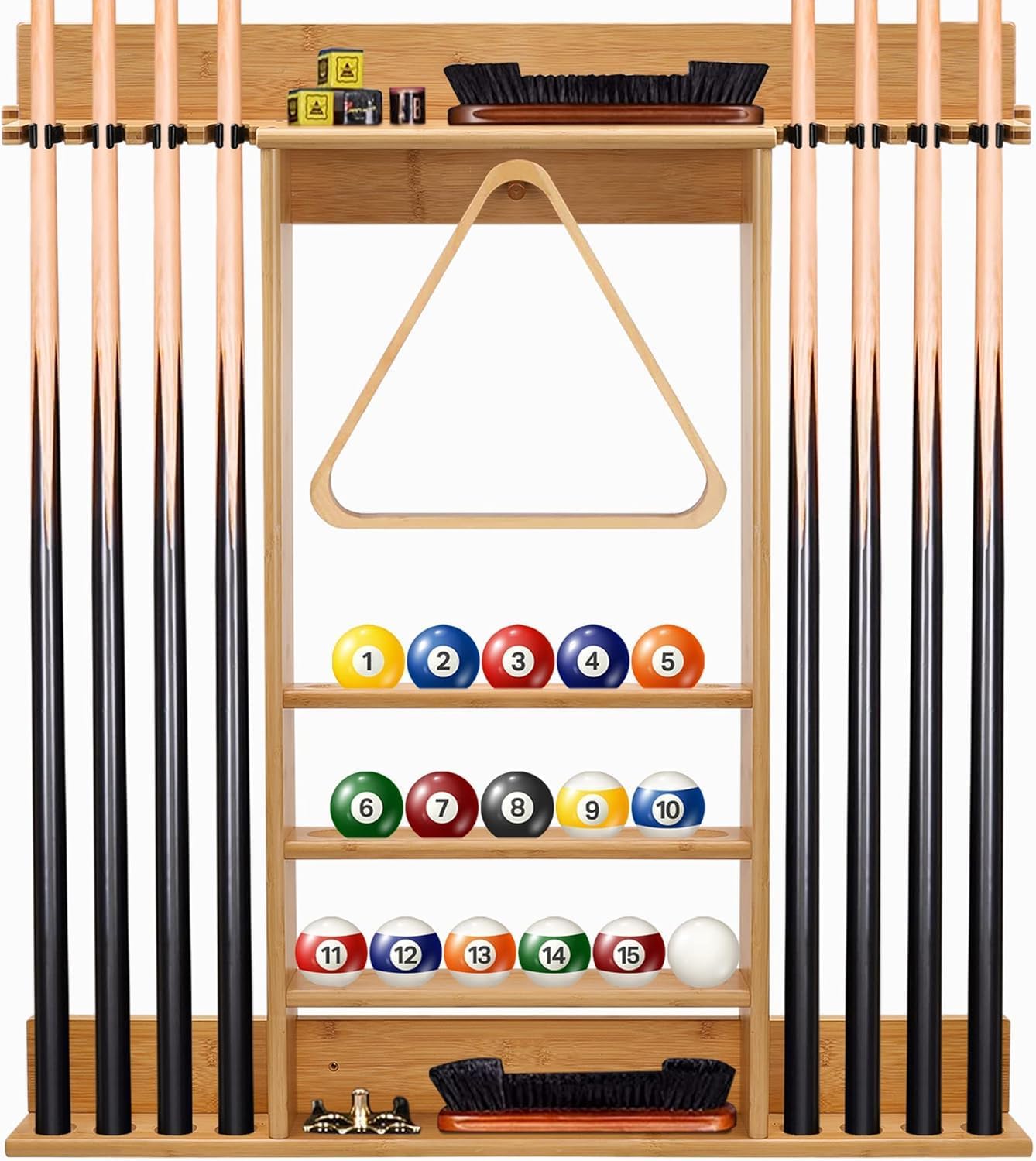 Pool Cue Rack Wall Mount,Cue Stick Holder,Wall Pool Stick Holder,Bamboo | Holds 8 Cues and Full Set of Balls, Pool