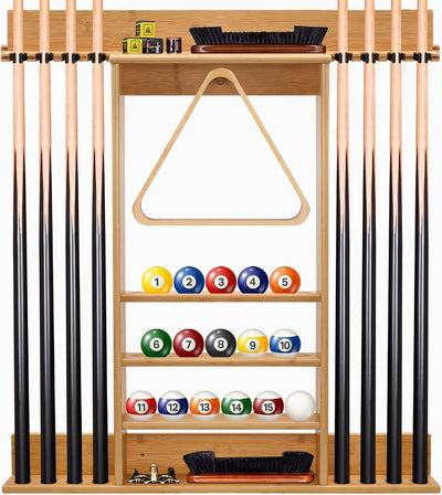 Pool Cue Rack Wall Mount,Cue Stick Holder,Wall Pool Stick Holder,Bamboo | Holds 8 Cues and Full Set of Balls, Pool