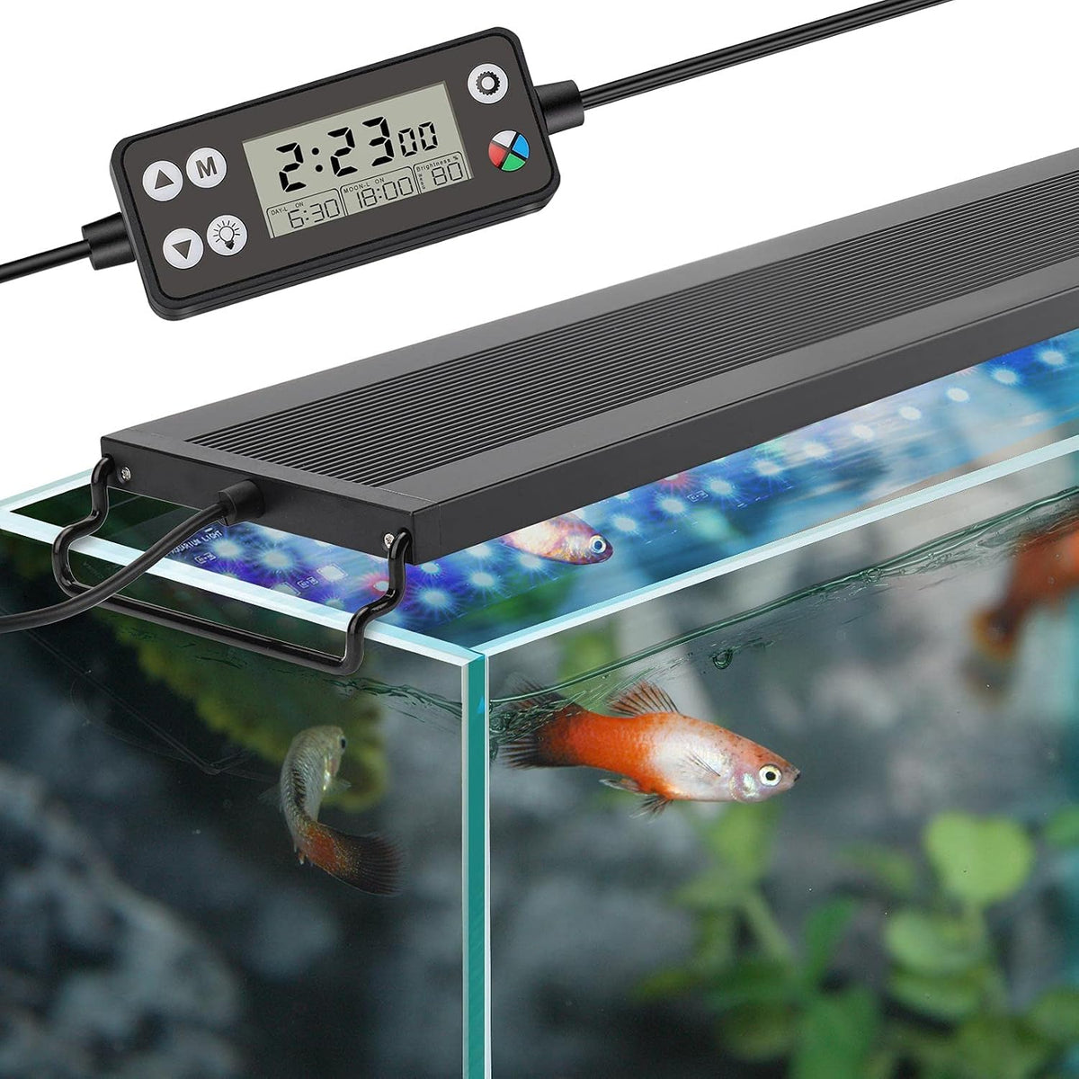 Auto On Off LED Aquarium Light, Full Spectrum Fish Tank Light with LCD Monitor, 24/7 Lighting Cycle, 7 Colors