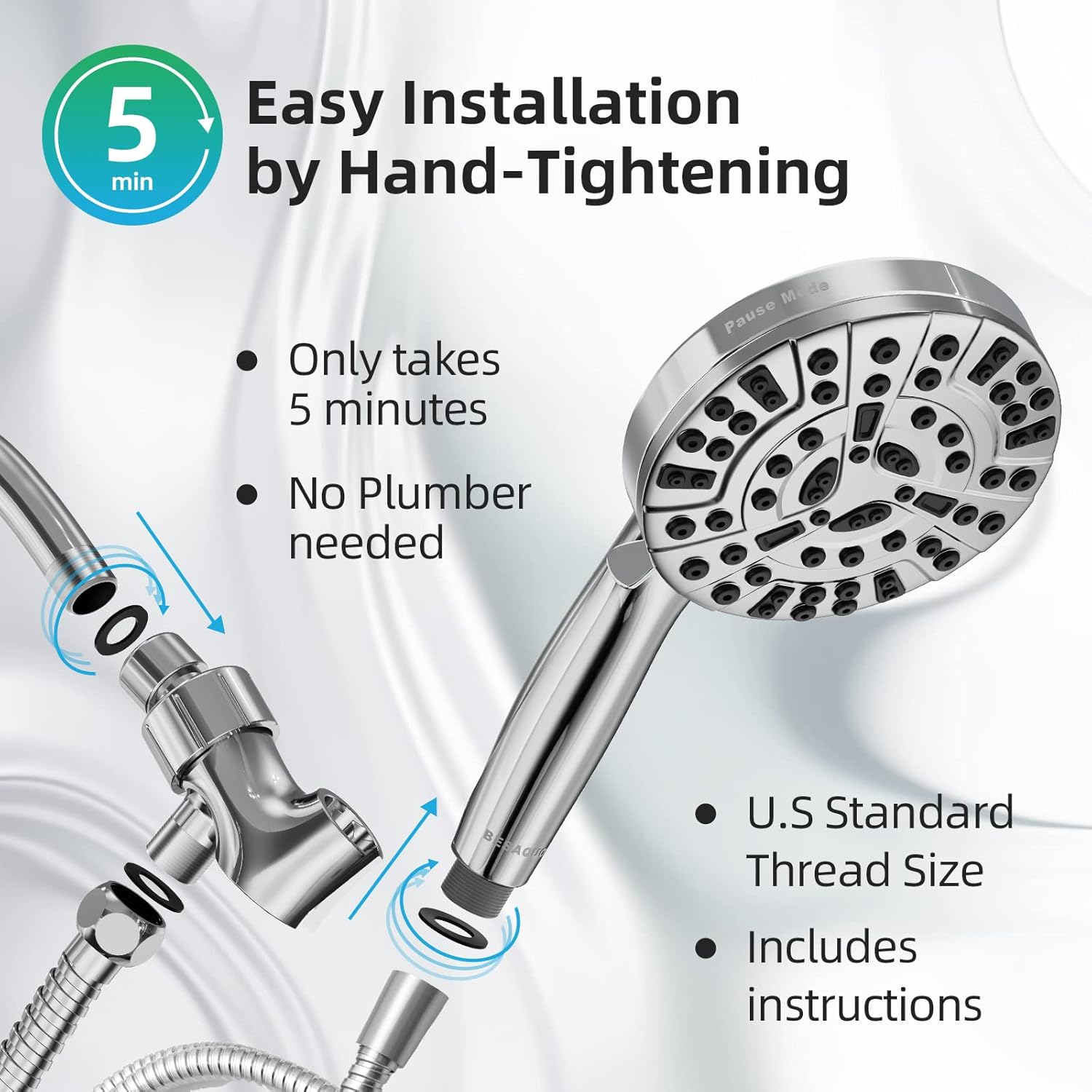 9 Functions High Pressure Shower Head with Handheld,Built-in Pause Mode&Power Wash,Non-Clogging Nozzles,6ft Hose&Bracket