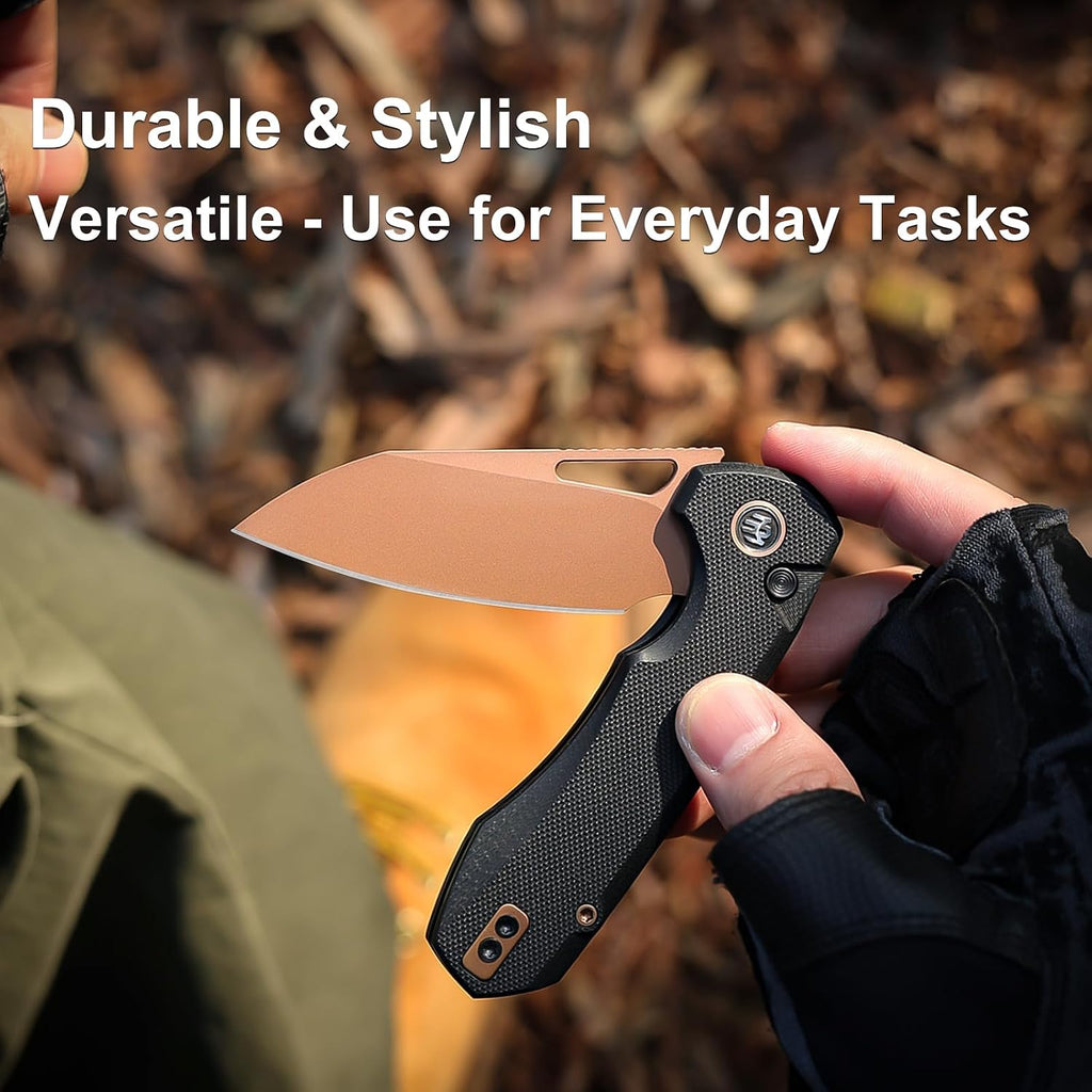 RT-CAMEL Folding Pocket Knife, 3.1" D2 Steel Blade, G10 Handle | Button Liner Lock, Smooth Flipper Action, Reversible