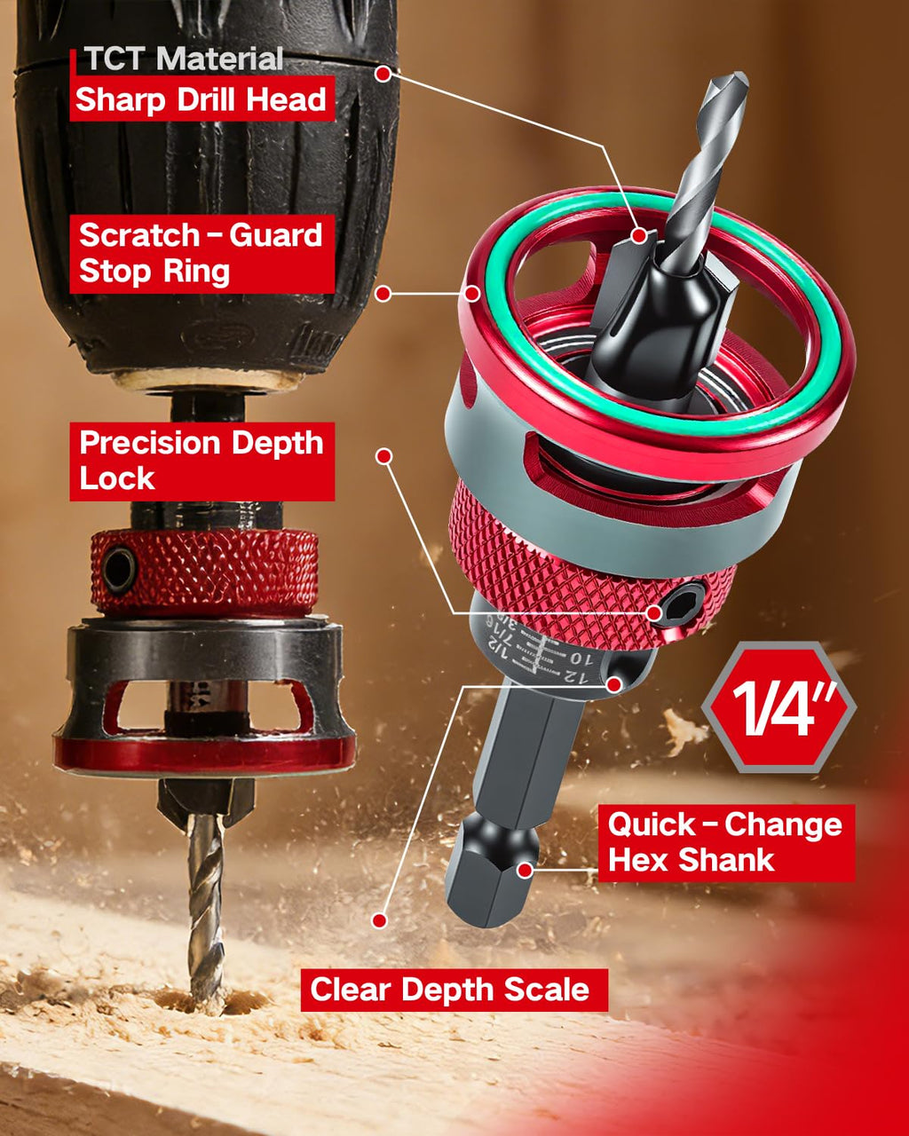 9PCS Countersink Drill Bit Set Adjustable Depth Stop Collar for Woodworking