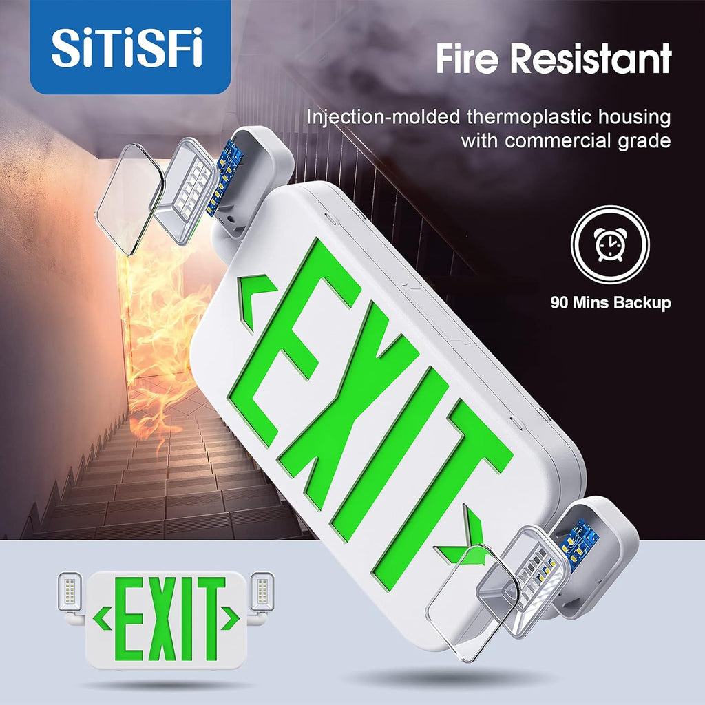 Led Combo Emergency Exit Sign Light with Two Adjustable Head Lights and Backup Battery,US Standard Green Letter