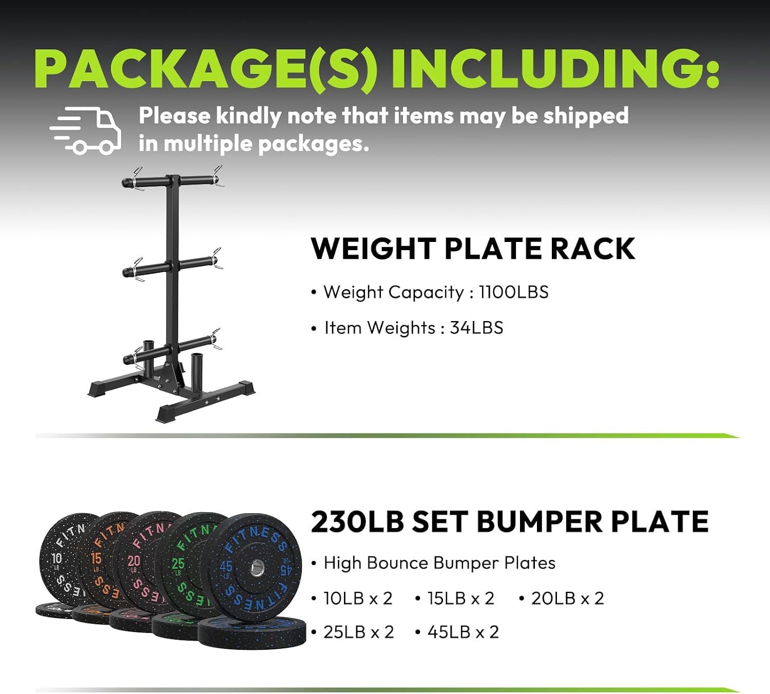 Olympic Barbell Set, 2-Inch Bumper Plates with Weight Plate Rack | Colored Crumb Rubber Weight Plates for Weight