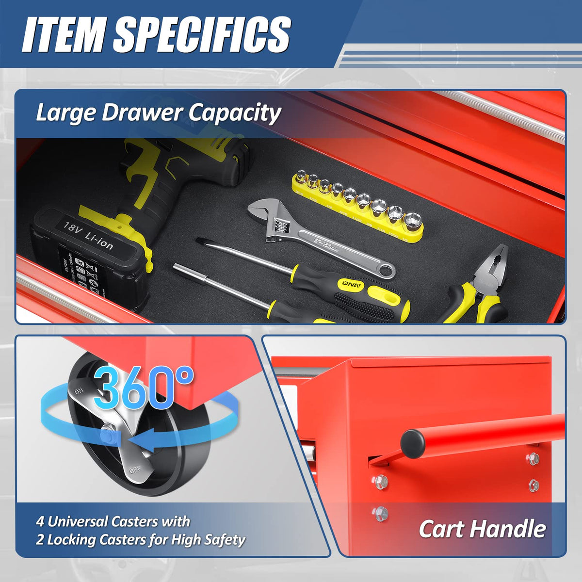 Universal Large Load Capacity Plastic Top Roller Rolling Tool Chest Cabinet with Key Lock and Wheels, 7-Drawers
