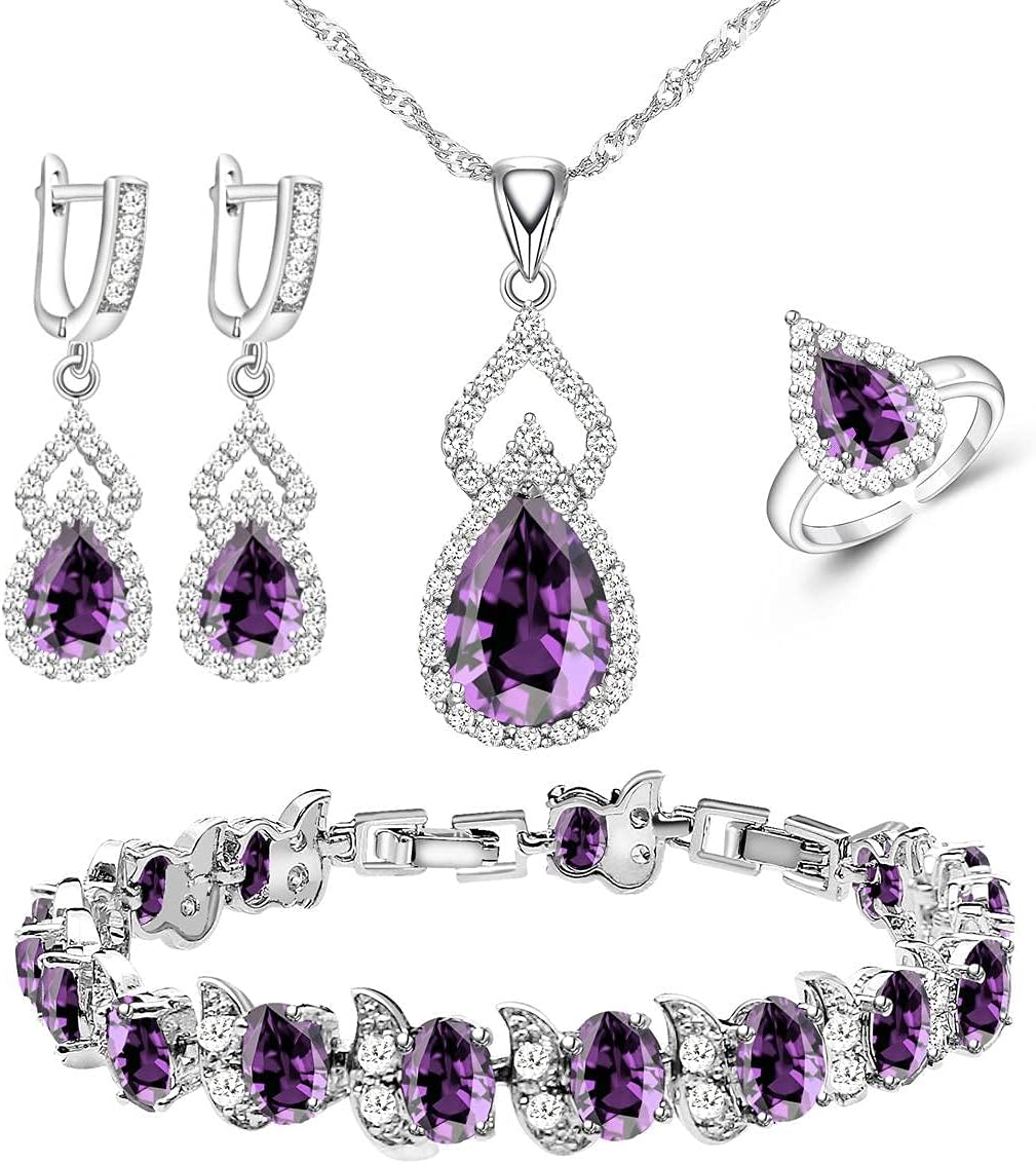 Women Jewelry Set Platinum Plated Necklace Open Ring Earrings Bracelet Set,Birthday/Anniversary Mother’s Day Jewelry
