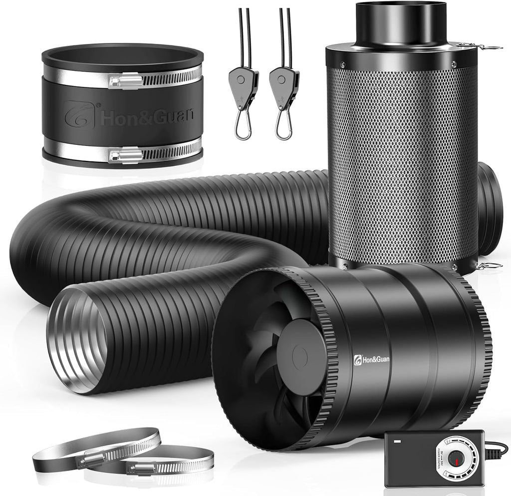 6" Air Filtration Kit: 6 Inch Inline Duct Fan with Speed Controller, 12" High Carbon Filter, 8 Ft Ducting & Rubber