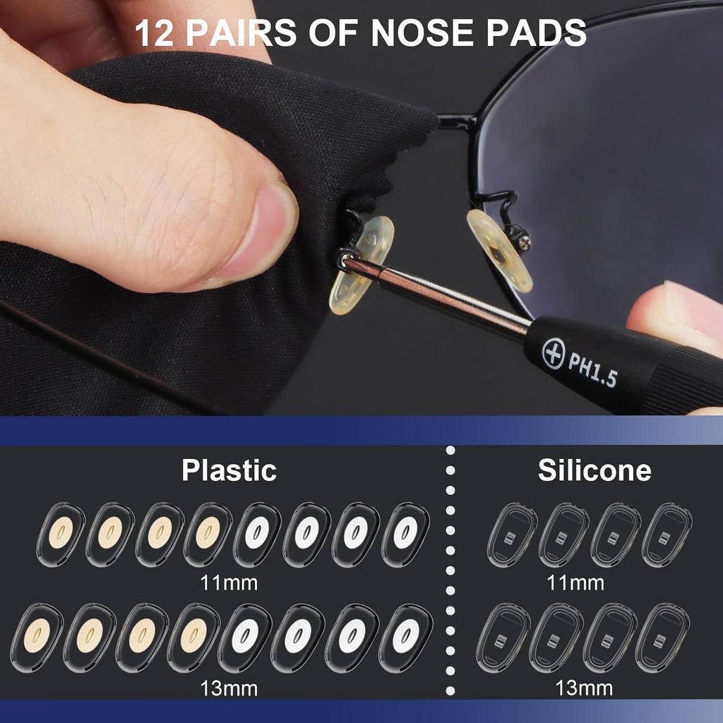 Glasses Repair Kit, All-in-One Eyeglass Repair Kit | 16 Sizes of Screws, 12 Pairs of Nose Pads & Tweezer, Precision