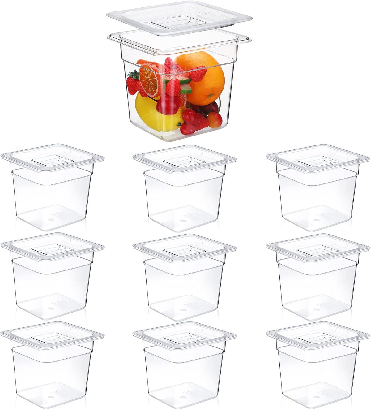 10 Pcs 1/6 Size Food Pan with Lids, Clear Square, 6 Inch, 2 Quart