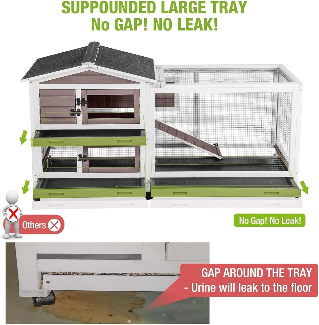 Rabbit Hutch with Chew-Resistant Ramp Indoor Bunny Cage Outdoor Guinea Pig Cage with Wheels and Leakproof Tray