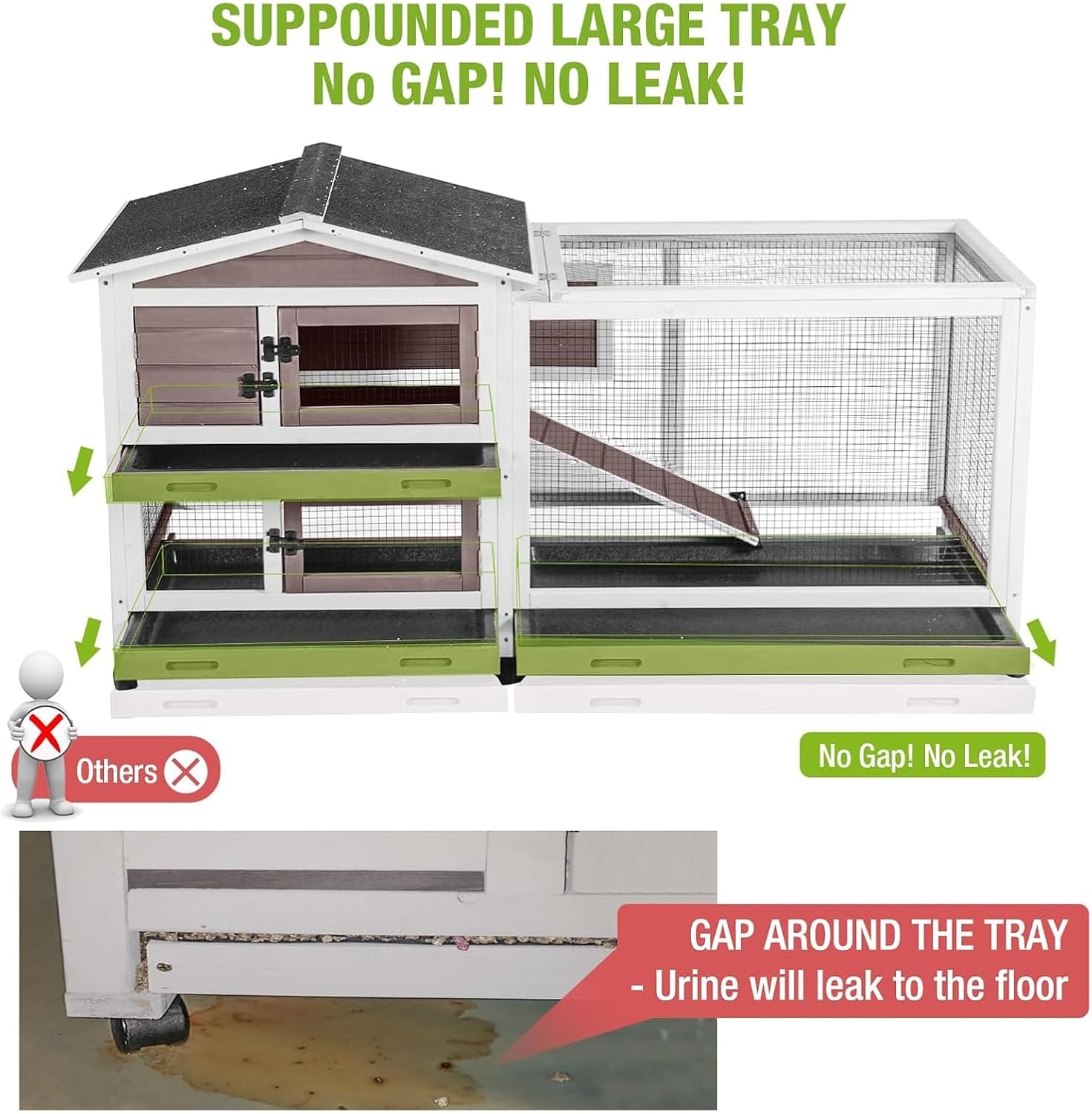 Rabbit Hutch with Chew-Resistant Ramp Indoor Bunny Cage Outdoor Guinea Pig Cage with Wheels and Leakproof Tray