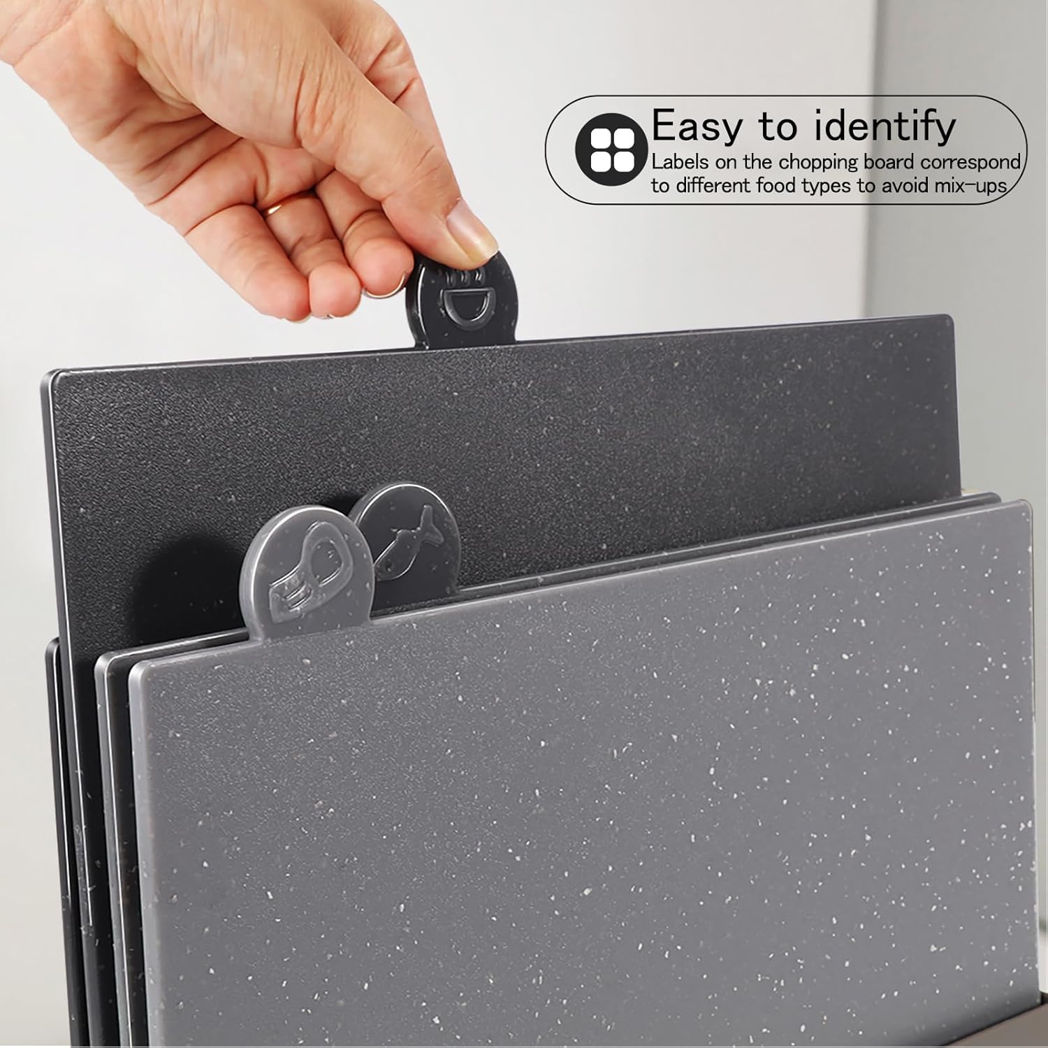 Index Chopping Board Set, 4-Pieces Plastic Cutting Boards with Food Icons and Storage Stand, BPA Free, Dishwasher