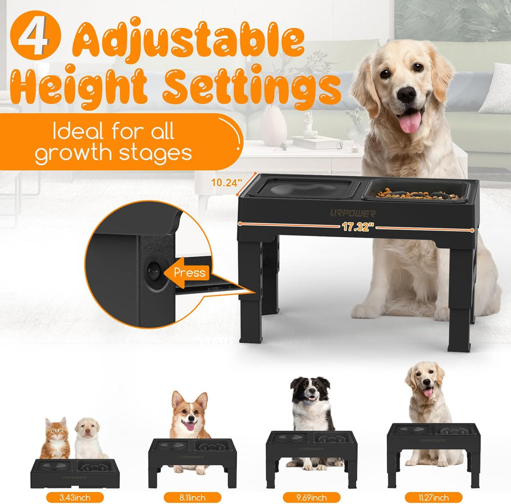 2-in-1 Elevated Slow Feeder Dog Bowls with No-Spill Water Bowl, 4 Height-Adjustable Raised Dog Bowls, Non-Slip Food