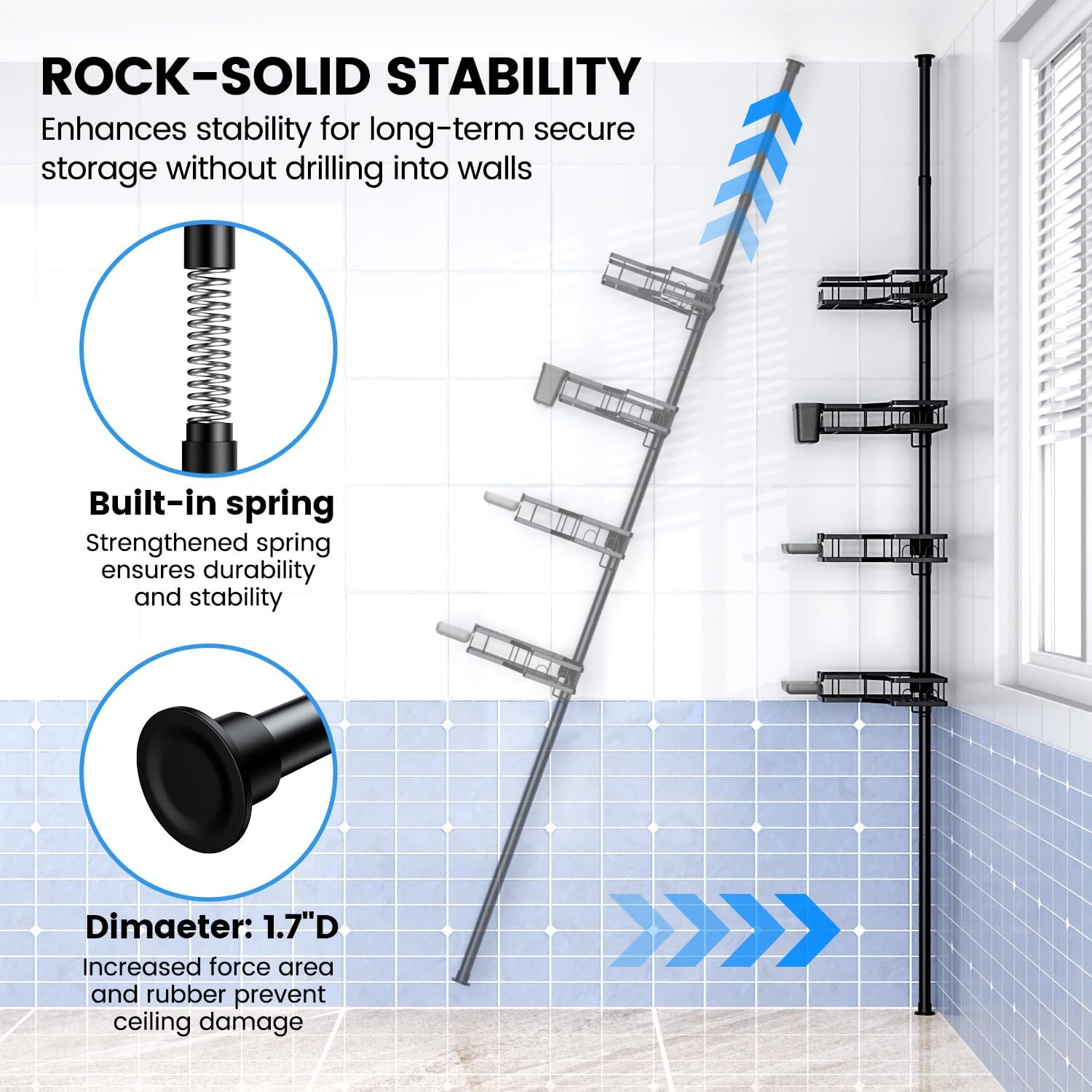 Adjustable Shower Caddy Tension Pole: Rustproof Corner Bathroom Shelves | 4-Tier 31-124" No Drill Standing Organizer