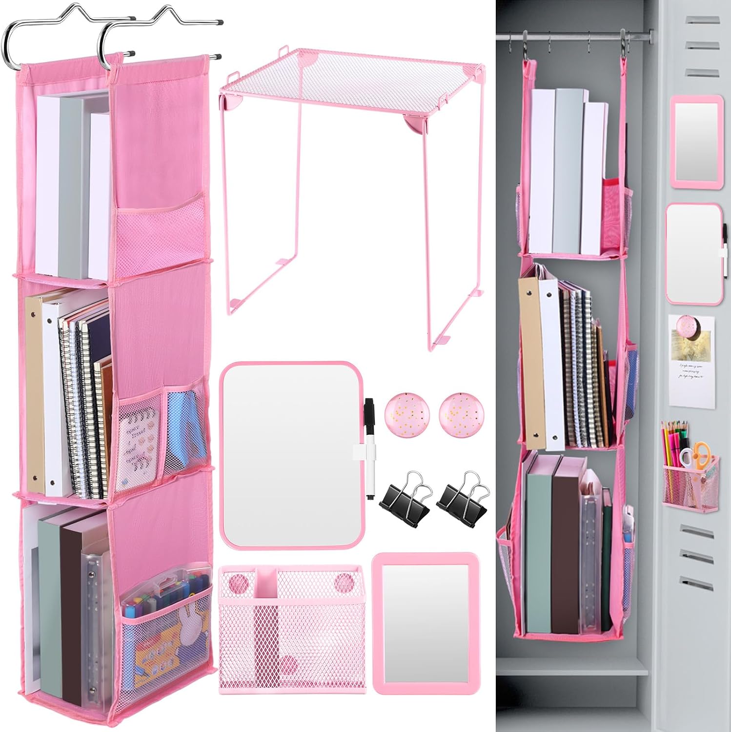 9 Pcs Locker Organizer and Accessories Kit Includes Shelf, 3 Shelf Hanging Organizer, Magnetic Pen Holder, Mirror