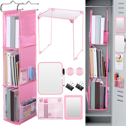 9 Pcs Locker Organizer and Accessories Kit Includes Shelf, 3 Shelf Hanging Organizer, Magnetic Pen Holder, Mirror