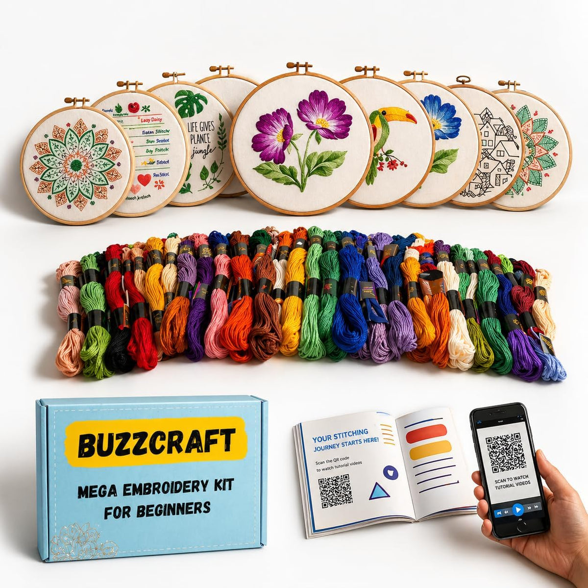 Embroidery Starter Kit for Beginners & Adults, Learn 30+ Stitches, 10 Pre-Printed Practice Patterns, Hand Embroidery