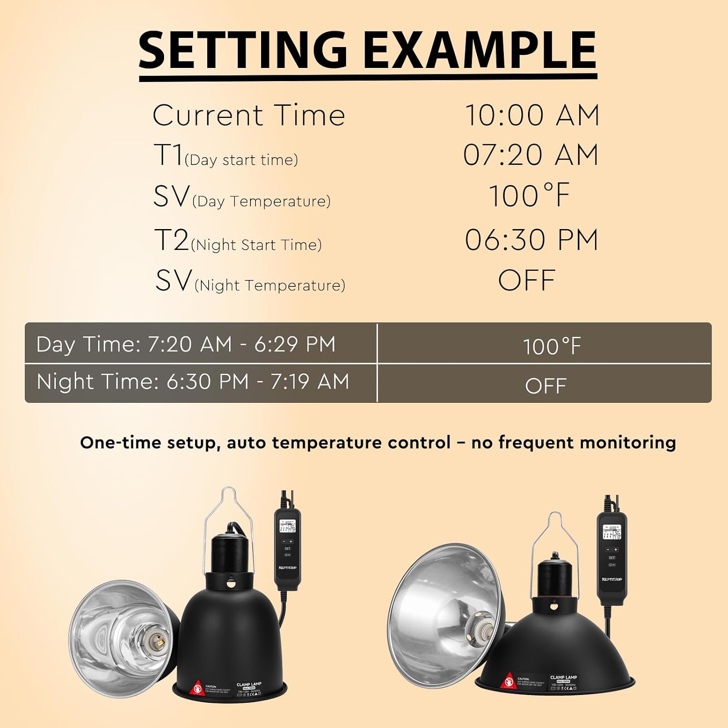 5.5" Reptile Heat Lamp Fixture with PID Dimming Thermostat, Independent Day Night Temperature Control, MAX 100W (Bulb