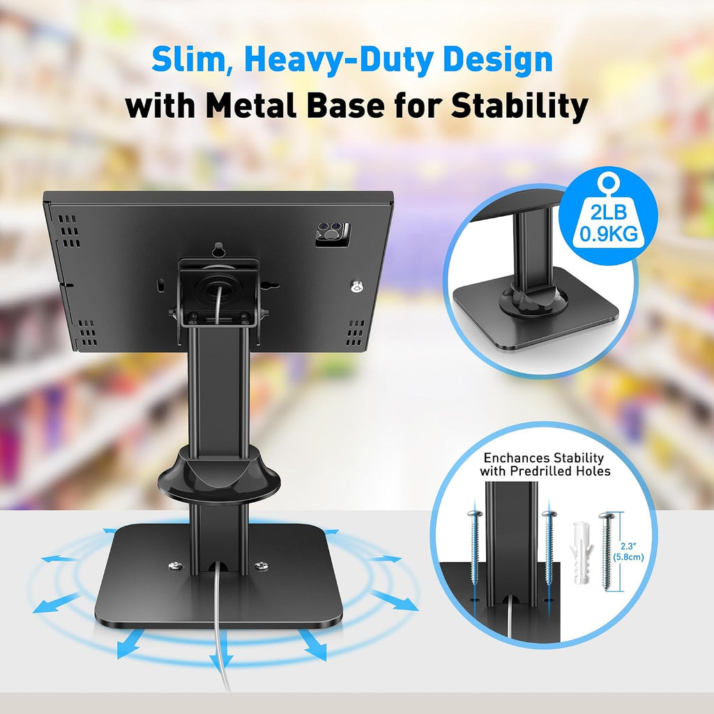 Anti-Theft iPad Kiosk Stand, POS iPad Security Stands, Aluminum Locking Tablet Stand with Heavy Duty Base, 360°