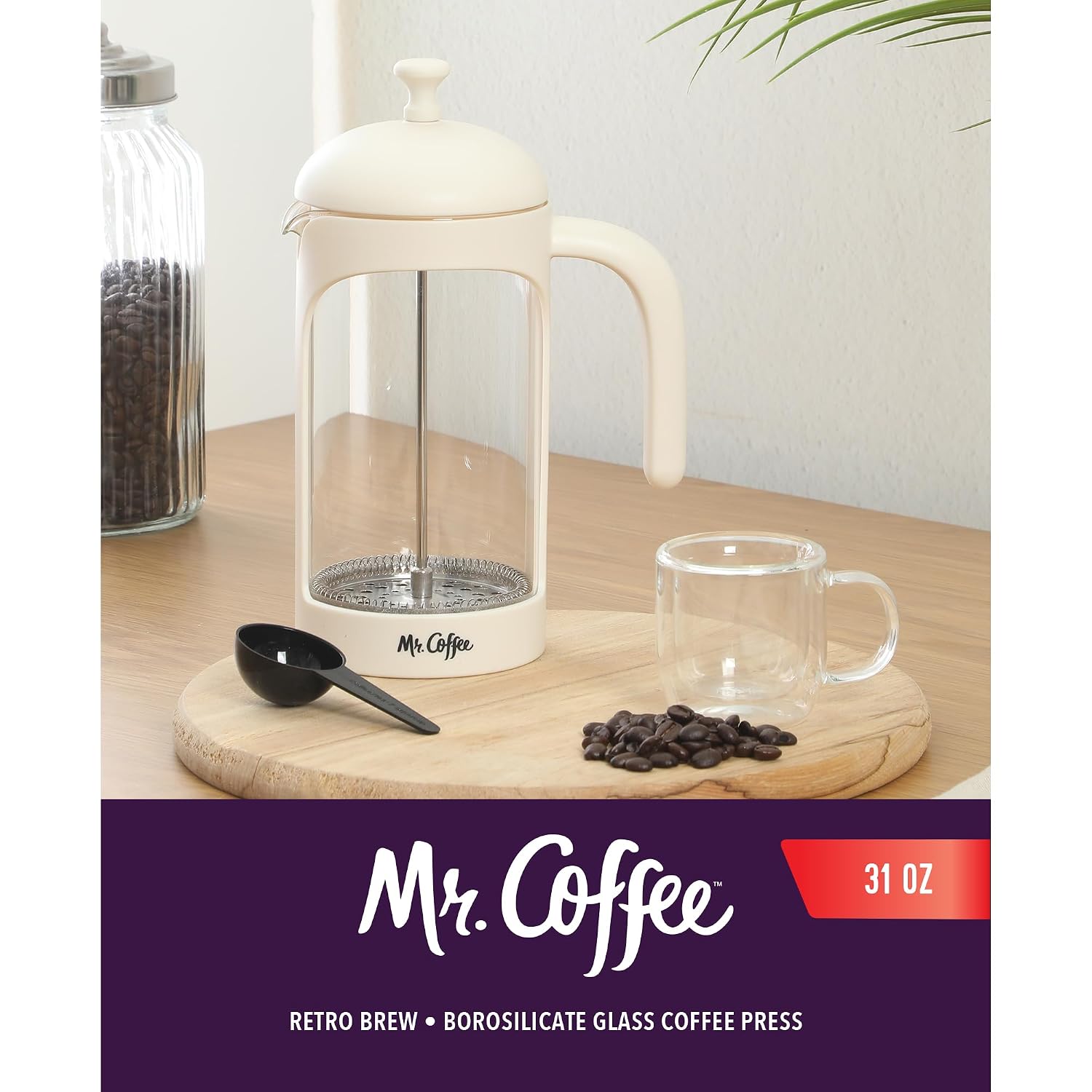 Retro Brew French Press Coffee Maker, 31-Ounce Glass Carafe with High Heat Resistant Durable Borasilicate Glass &