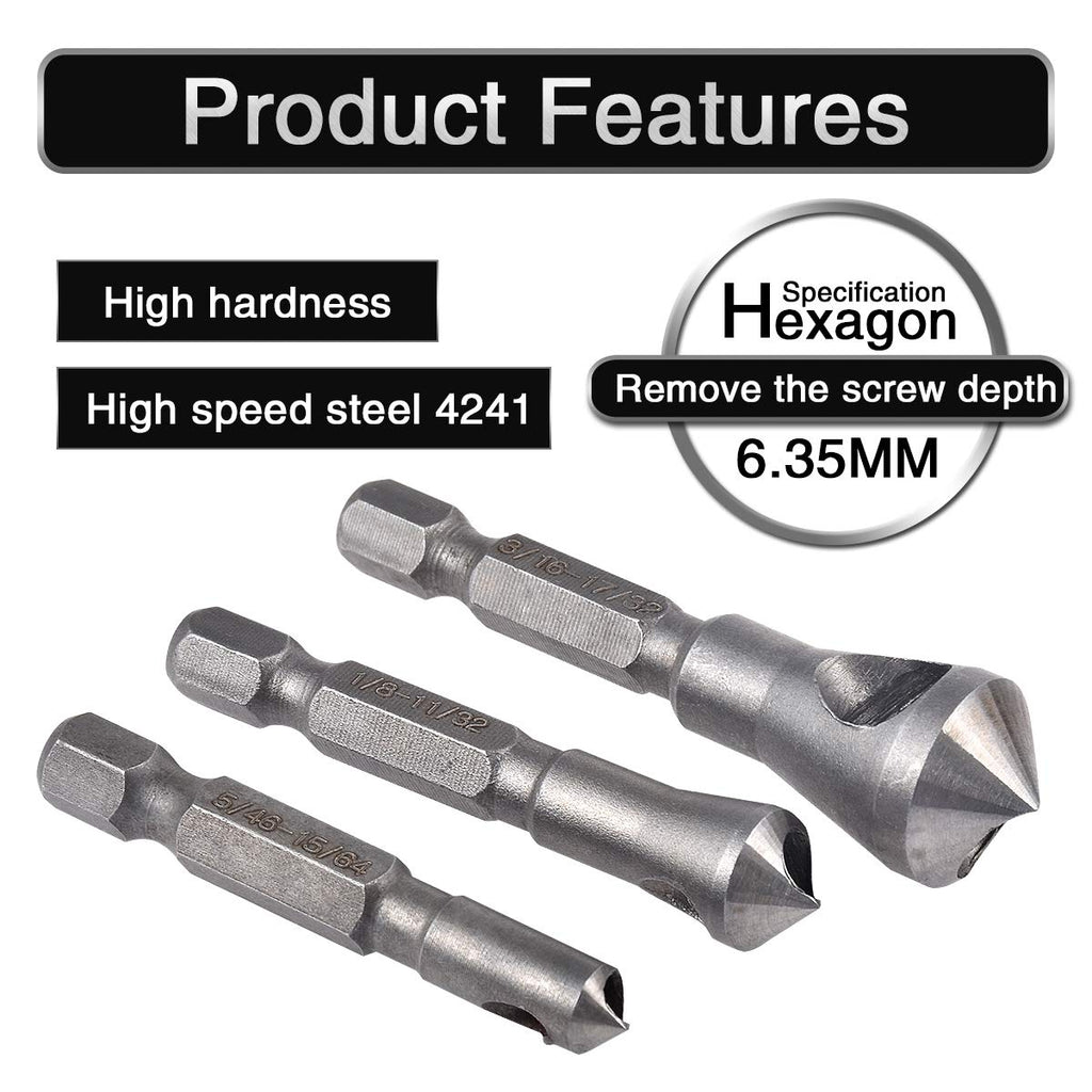 Countersink Deburring Tool Set Drill Bits 1/4 Hex Shank Chamfer Wood Countersink Deburring Drill Bit Tool 5/64 1/8 3/16 (Set of 3)