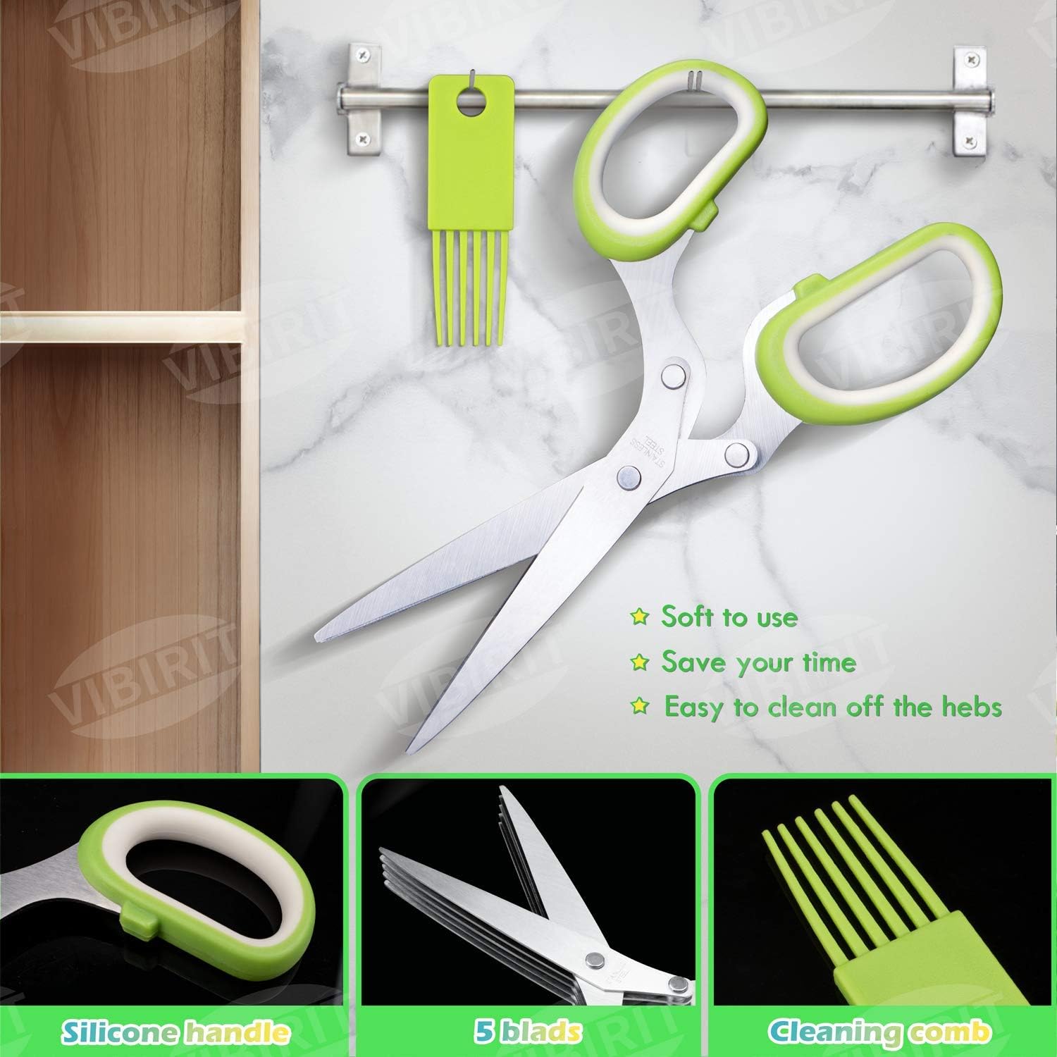 VlBlRlIT2025 Upgraded Herb Scissor,Leaf Stripper,Stainless Steel 5Blade Kitchen Scissors,Peelers for
