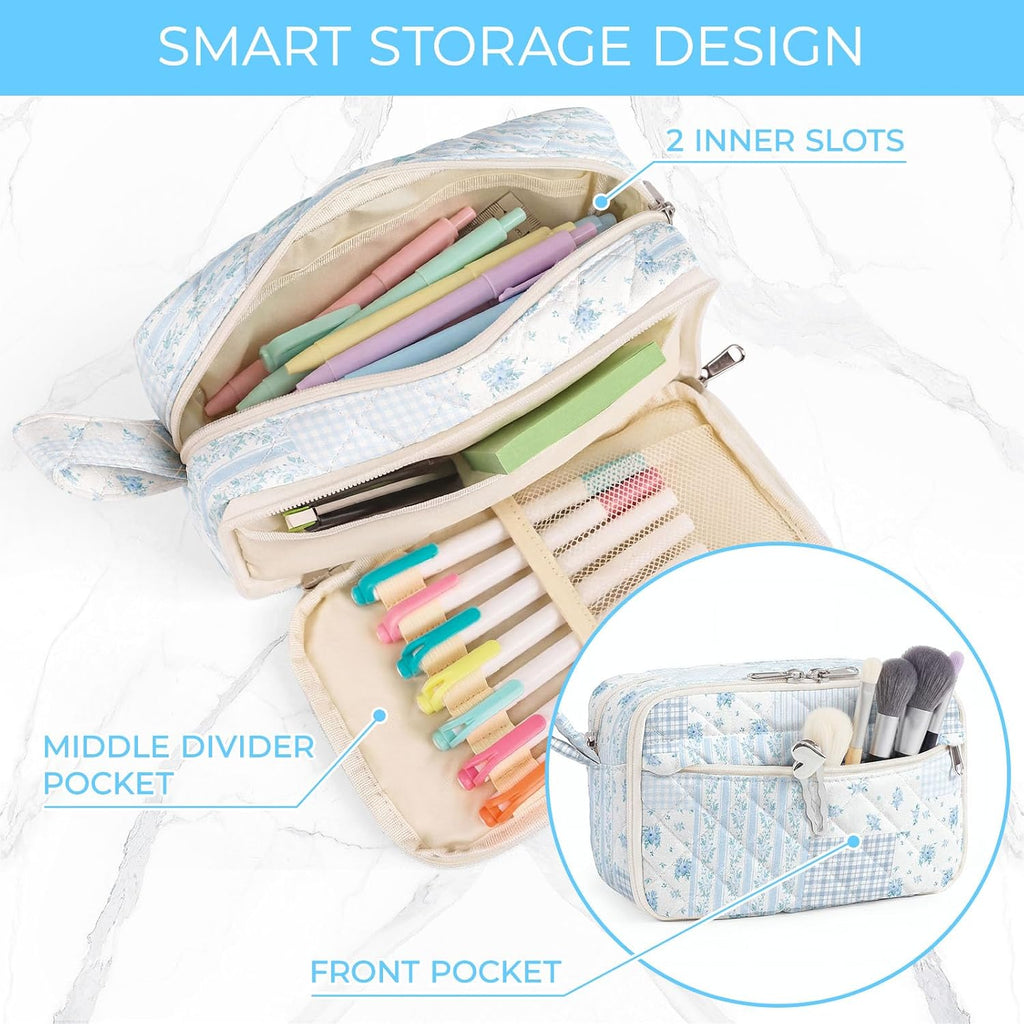 Quilted Pencil Pouch for Girls Women, Large Pencil Case Pouch with Compartments Cute Aesthetic Pencil Case Organizer