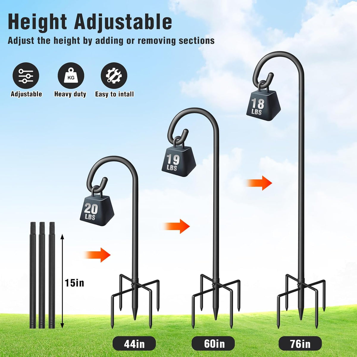 Shepherd Hook for Outdoor, 76" Heavy Duty Bird Feeder Pole with 5 Prong Base, Adjustable Height Bird Feeder Stand
