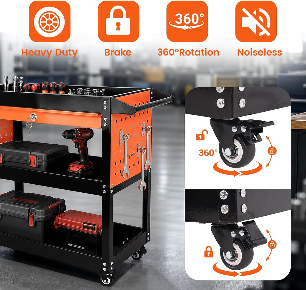 3-Tier Tool Cart with Wheels, 420 lbs Load Capacity Tool Storage Cart, Heavy Duty Metal Rolling with Drawers and