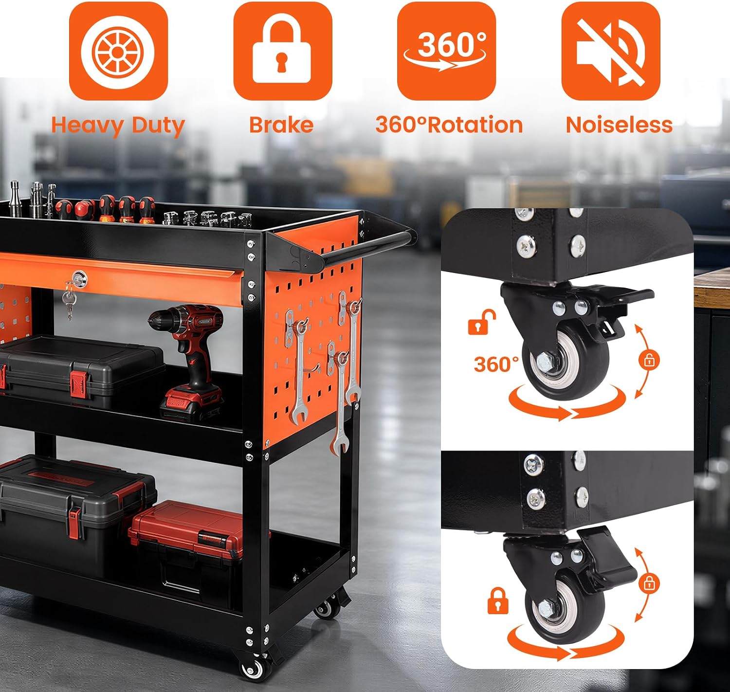 3-Tier Tool Cart with Wheels, 420 lbs Load Capacity Tool Storage Cart, Heavy Duty Metal Rolling with Drawers and