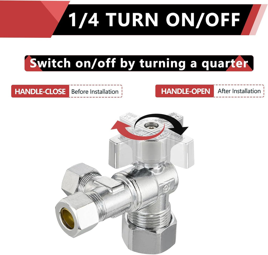 2PC EFIELD Dual Compression Outlet Angle Stop Valve,1/2"NOM (5/8"OD) Inlet | Quarter Turn, 1/2" NOM (5/8" OD) x (3/8