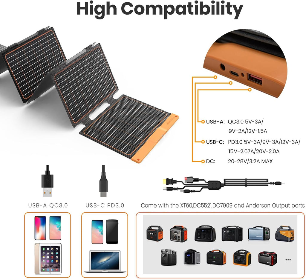 60W Foldable Portable Solar Panel Charger IP67 Waterproof | with PD3.0 USB-C, QC3.0 USB-A & DC; Power Emergency