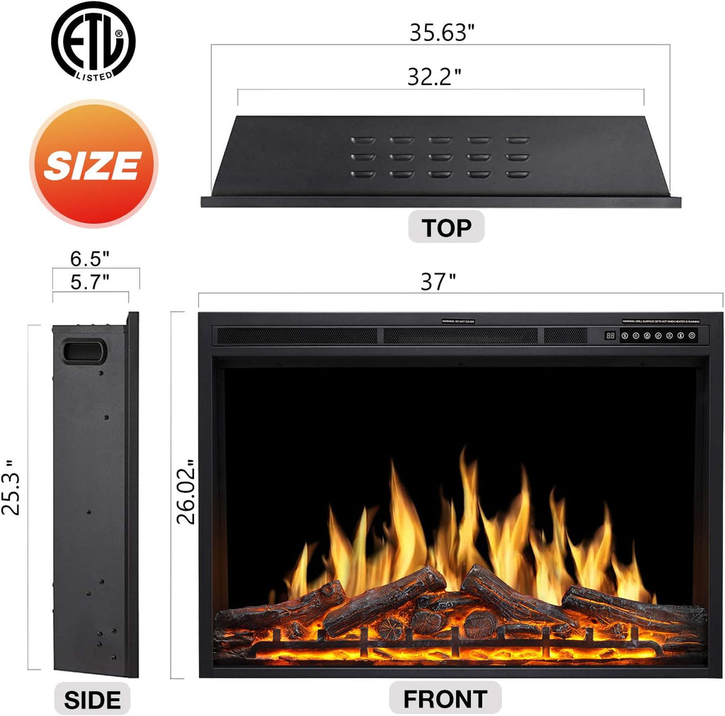 36" Electric Fireplace Insert, Realistic Log Recessed Electric Stove Heater, 4 Color Adjustable Flames, 8 H Timer, 5