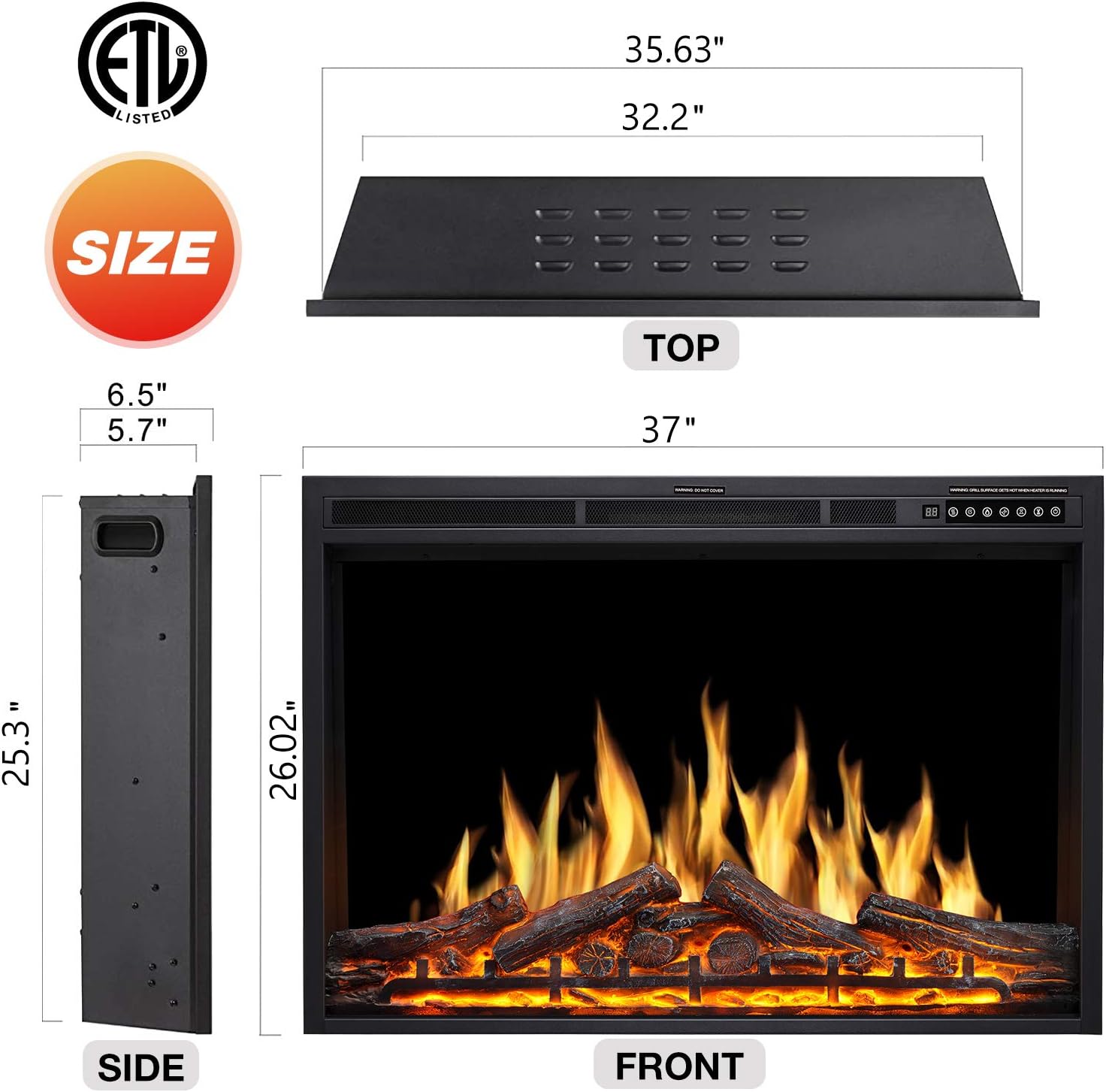 36" Electric Fireplace Insert, Realistic Log Recessed Electric Stove Heater, 4 Color Adjustable Flames, 8 H Timer, 5
