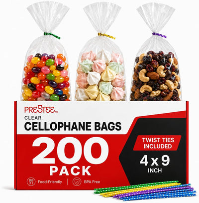 200 Pack Clear Plastic Cellophane Bags Goodie Bags 4"x9" with 4-Inch Twist Ties, Candy, Cookie, Favor Bags with Ties