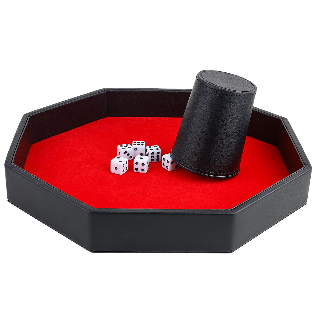 Dice Rolling Tray, Felt Lined PU Leather Octagon Dice Tray for Dungeon Crawler Games, Red