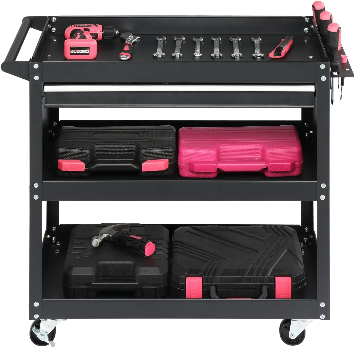 3-Tier Rolling Tool Cart, Heavy Duty Utility Industrial Service Cart on Wheels, with Locked Drawers, for Workshop