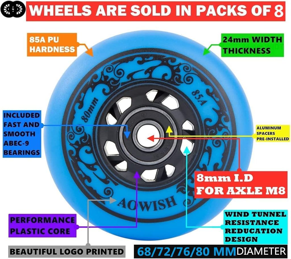 Inline Skate Wheels, Outdoor Asphalt Formula, 8-Pack