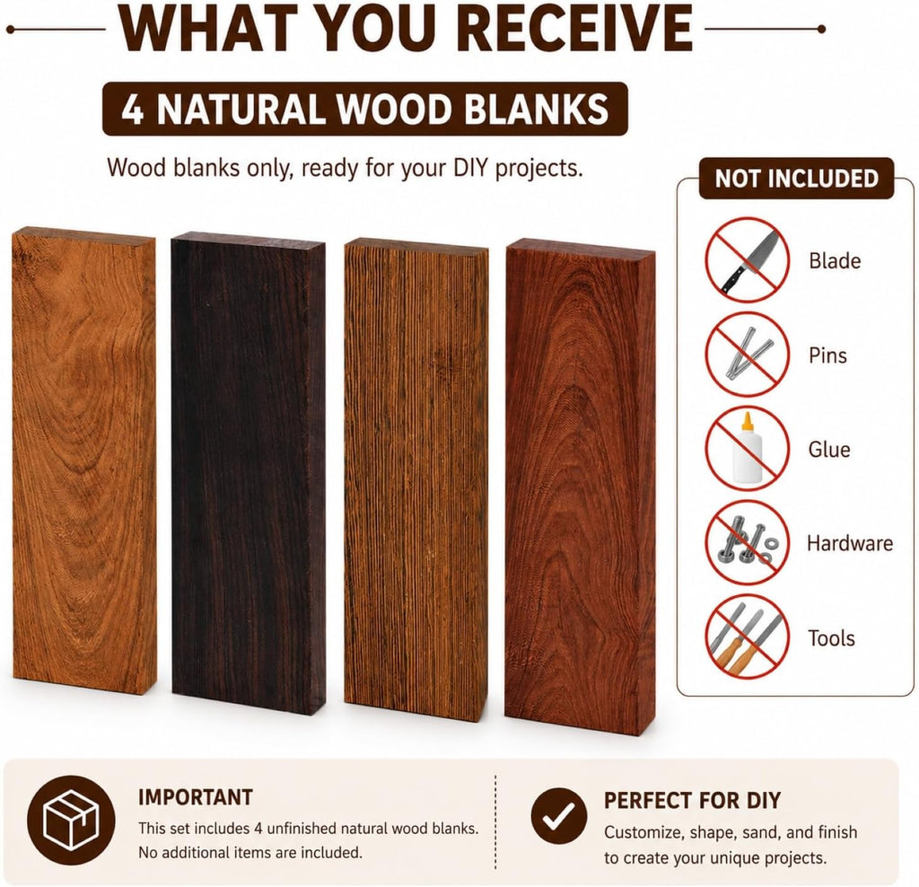 Knife Handle Material Wood Scales Blanks Kit, 4 Pieces, 4.8 x 1.6 x 0.4 in | Four unfinished natural wood blanks for