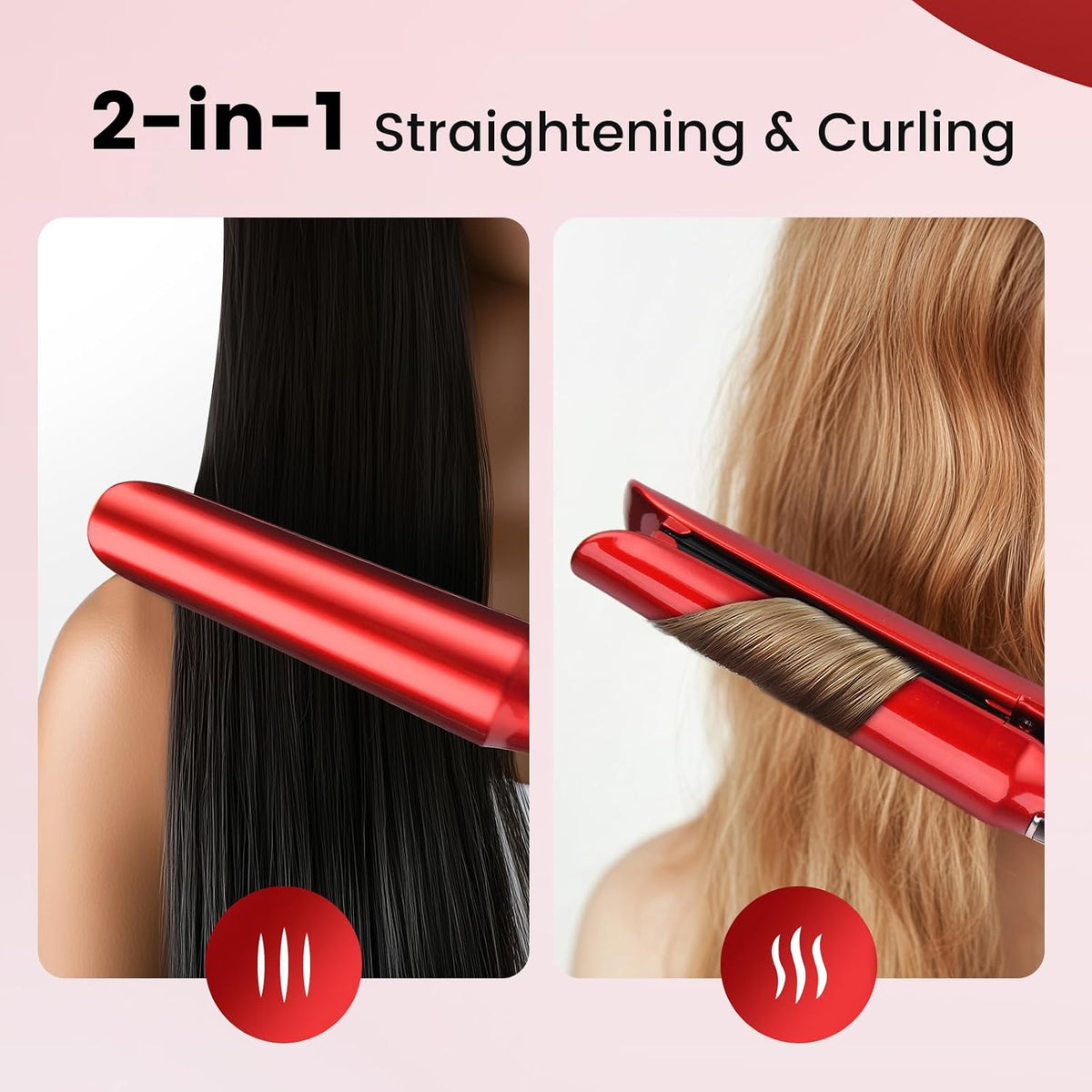 2-in-1 Hair Straightener and Curler, Titanium & Ceramic, Red | Flat Iron for Fine Hair, Rapid Heat-Up, Negative Ions