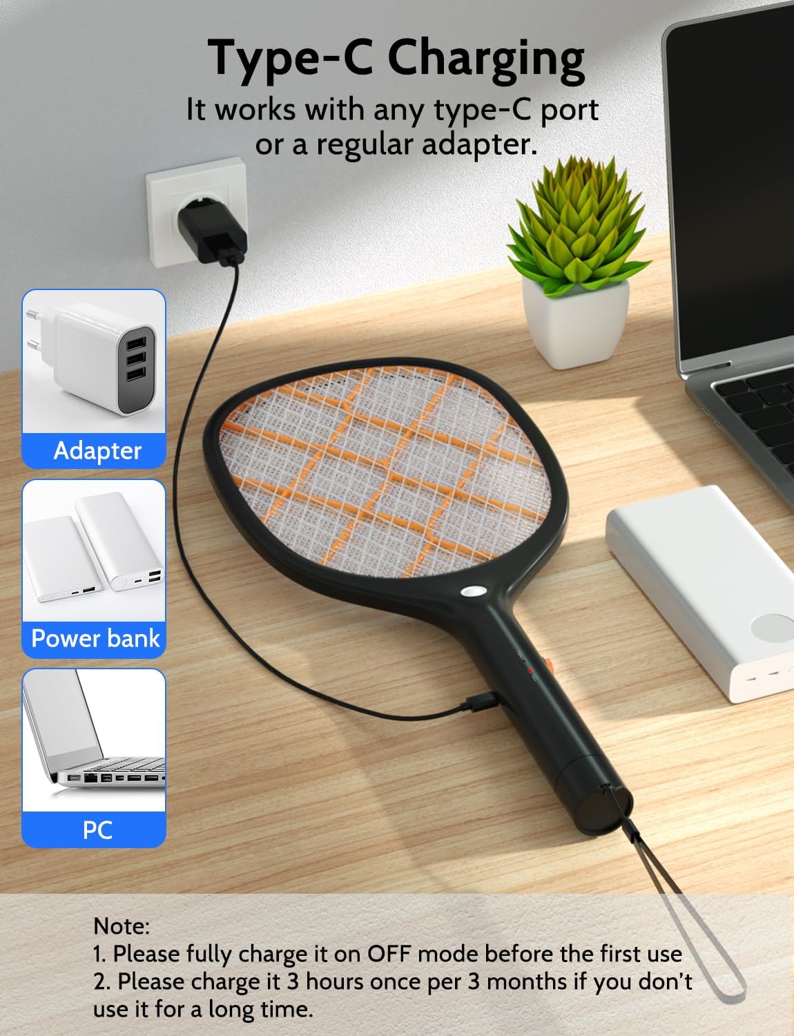 Electric Fly Swatter Bug Zapper Racket 4000V Rechargeable Mosquito Killer with LED Light for Indoor Home Office