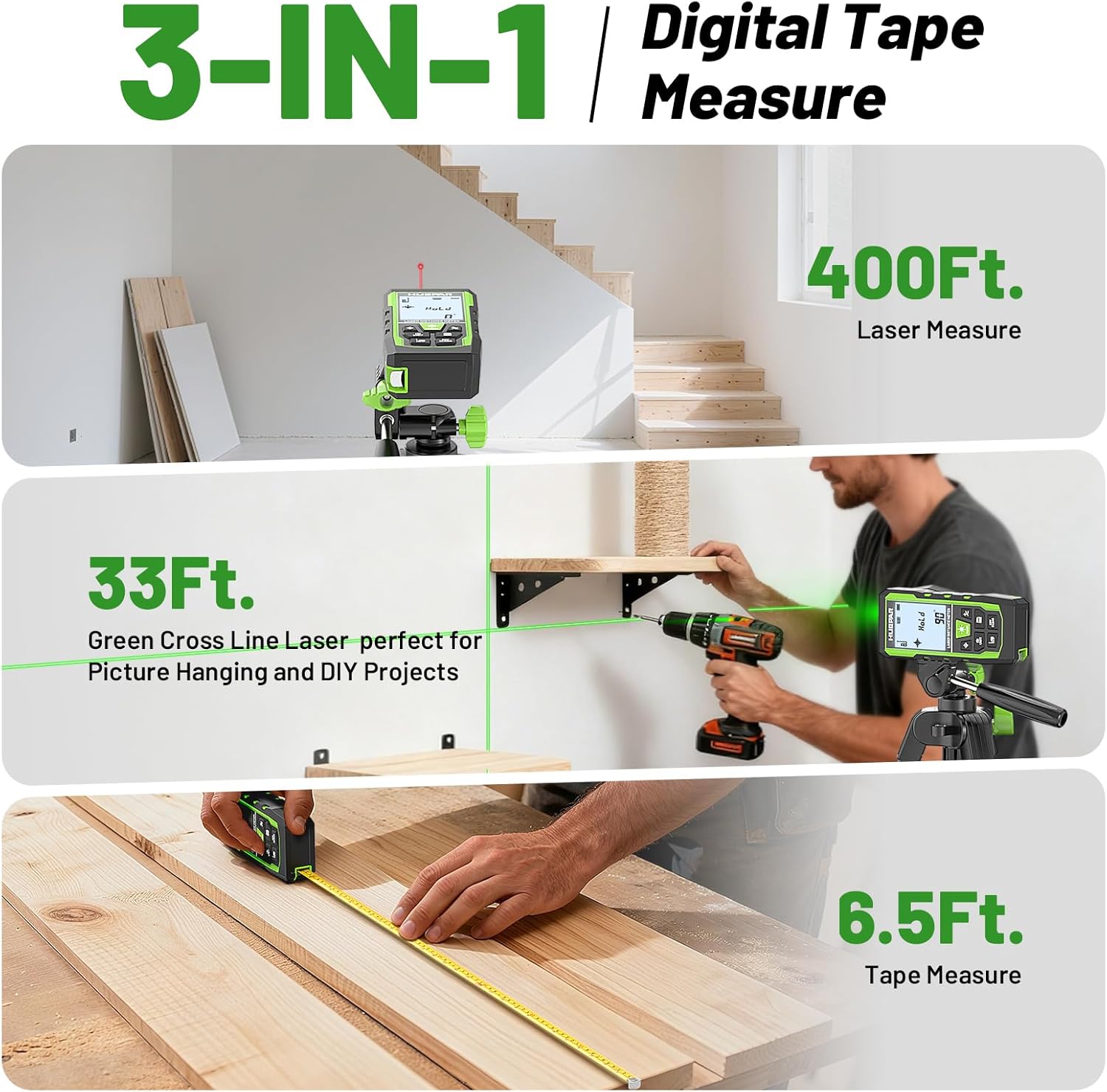3-in-1 Laser Measuring Tool, 400Ft Laser Measure & 33Ft Green Cross Line Laser Level & 6.5Ft Tape Measure