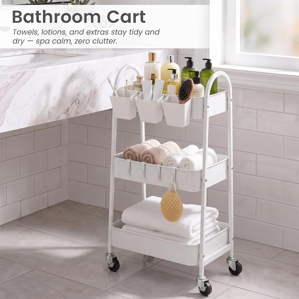 3-Tier Rolling Cart, Metal Storage Cart with Lockable Wheels