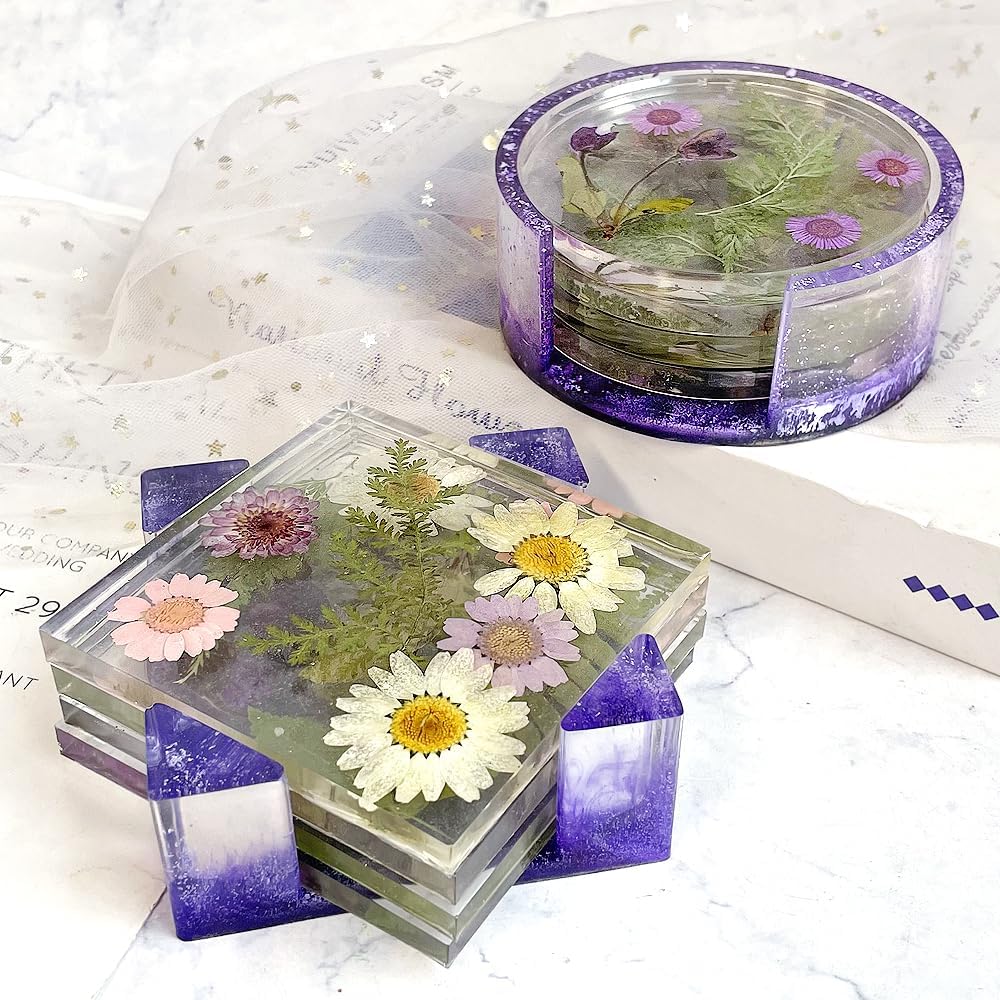 Resin Coaster Molds Set, Upgrade 10 pcs Silicone Coaster Molds Kit Storage Box Mold for Resin Casting, Square Round