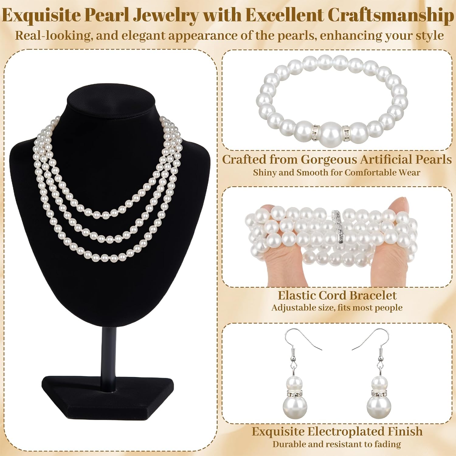 16 Pcs Pearl Jewelry Set with Necklace, Earrings and Bracelets, Pearl Necklaces for Women, Faux Pearls Set Jewelry
