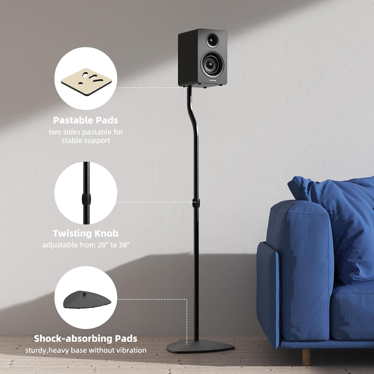 Universal Speaker Stands Pair, Satellite & Bookshelf Speaker Stands-28-38in Adjustable, Surround Sound Speaker Stand