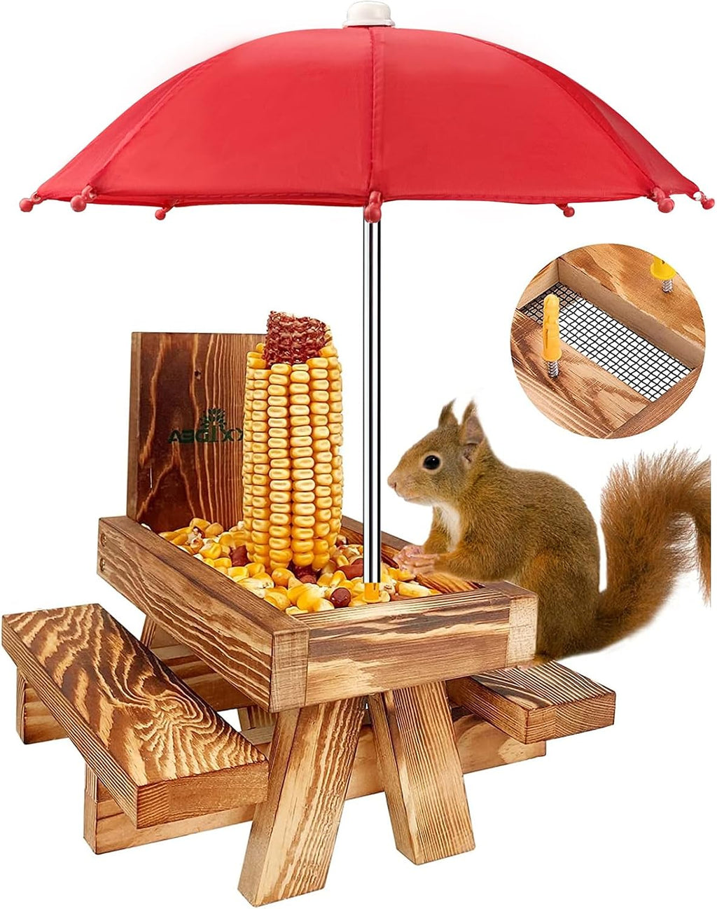 Squirrel Feeder Picnic Table with Tall Umbrella, Wooden Squirrel Feeders for Outside, Cute Chipmunk Feeder with Corn
