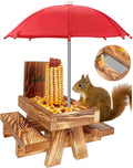 Squirrel Feeder Picnic Table with Tall Umbrella, Wooden Squirrel Feeders for Outside, Cute Chipmunk Feeder with Corn